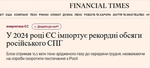 "ЄС імпортує рекордні обсяги російського ЗПГ у 2024 році" - Юрій Ніколов