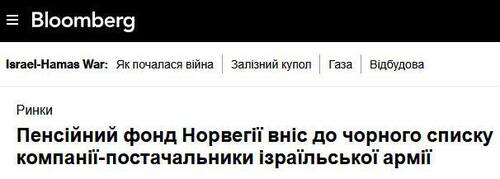"Норвезький пенсійний фонд вніс до чорного списку компанії, що постачають зброю ізраїльській армії" - Юрій Ніколов